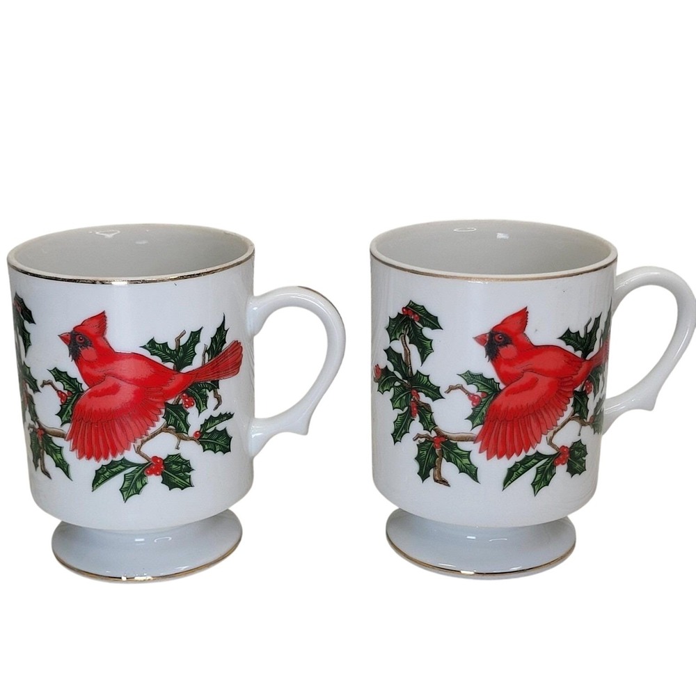 Cardinal Coffee Mug Set of 2 White Red Vintage 1063 Holiday Bird 4in
